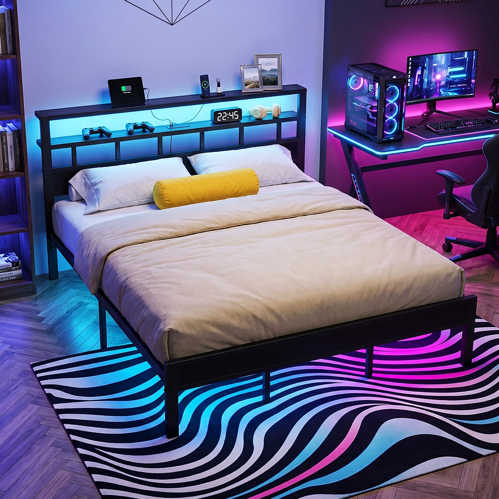 Bexfil King Bed Frame with Storage Headboard and LED Light, Metal Platform Bed Station with Charging Station & LED, Noise-Free, No Box Spring Needed