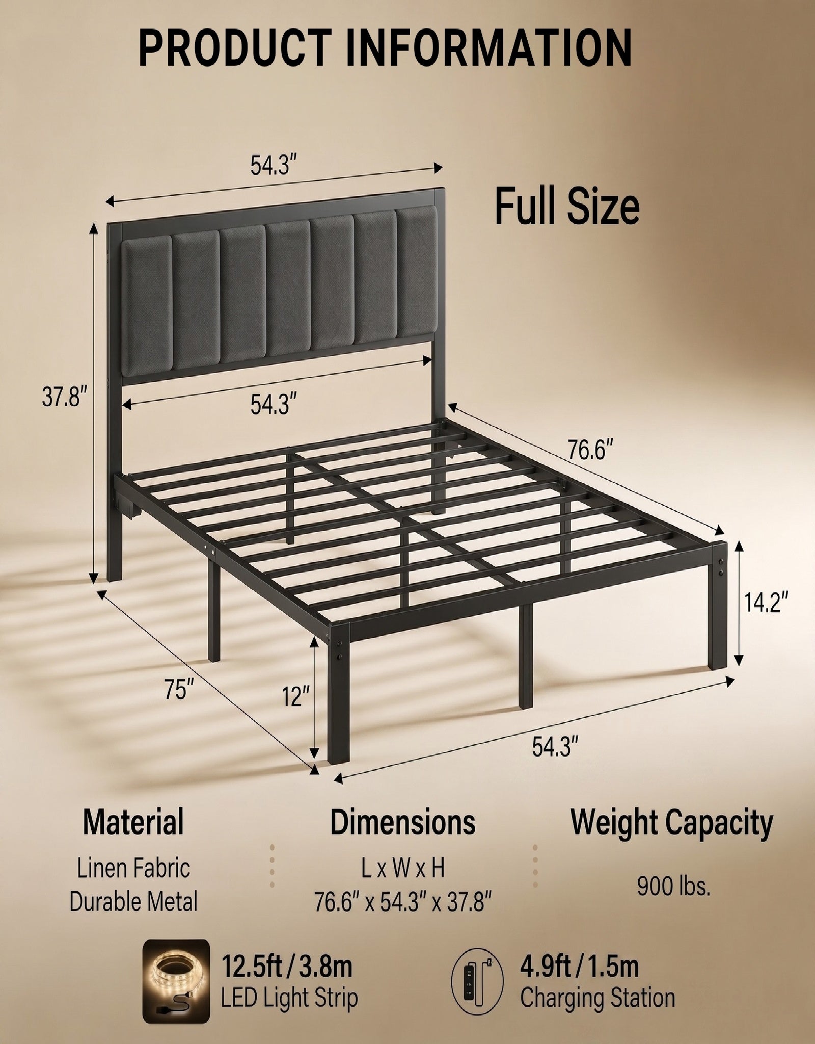 Bexfil Full Size Upholstered Bed Frame with Metal Slat Support, Metal Platform Bed Frame Charging Station Mattress Foundation, Gray
