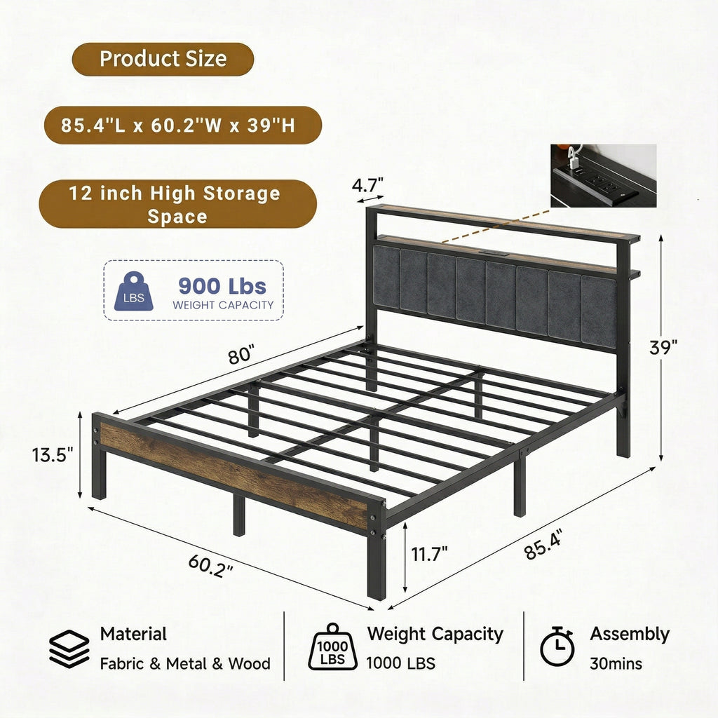 Bexfil Queen Size Bed Frame with LED Lights, Charging Station and Shelf Upholstered Headboard, Heavy Duty Metal Platform Bed, Noise Free, No Box Spring Needed Brown