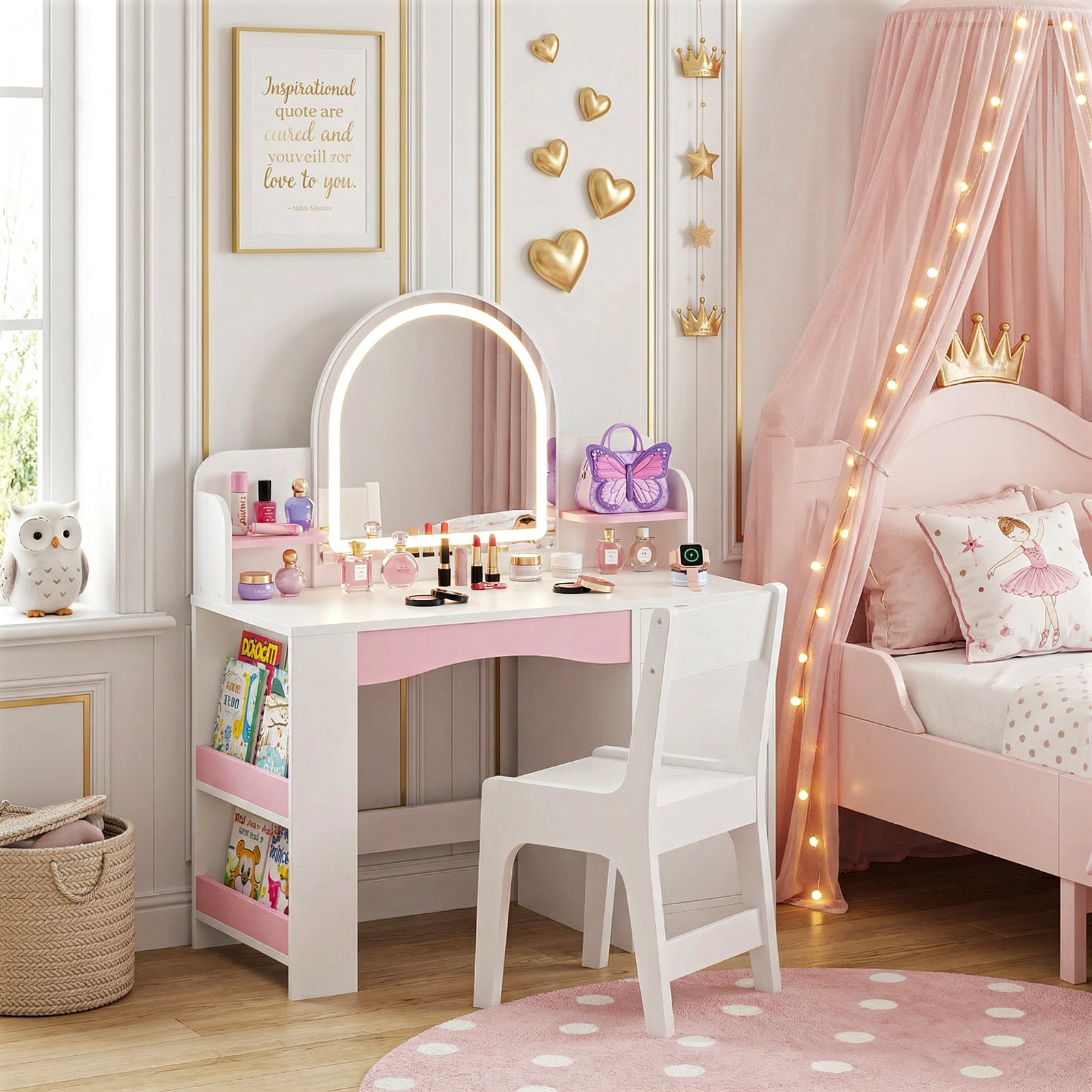 Bexfil Kids Vanity with Lights, Princess Vanity Table and Chair Set for Girls, Toddler Makeup Desk with Open Storage Shelves, for Bedroom or Playroom