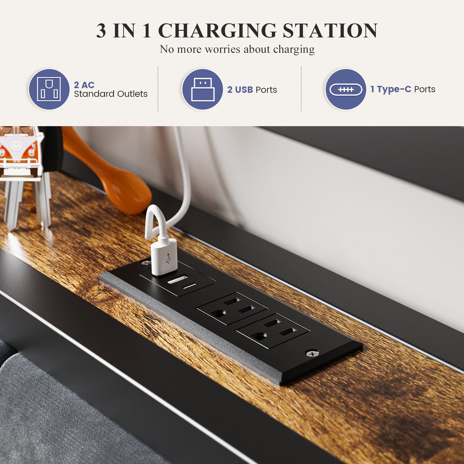 Kbun Twin Bed Frame with LED Lights & Charging Station, Metal Platform Bed Frame with 2-Tier Storage Headboard, Under Bed Storage Space, No Box Spring Needed, Noise Free