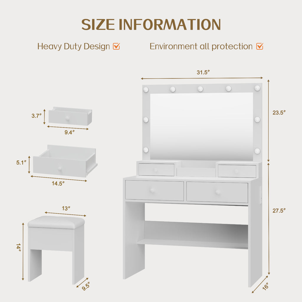 Haewon 31" Vanity Desk with Mirror, LED Lights and Charging Station, Makeup Vanity with Storage Stool, Vanity Set for Bedroom, White