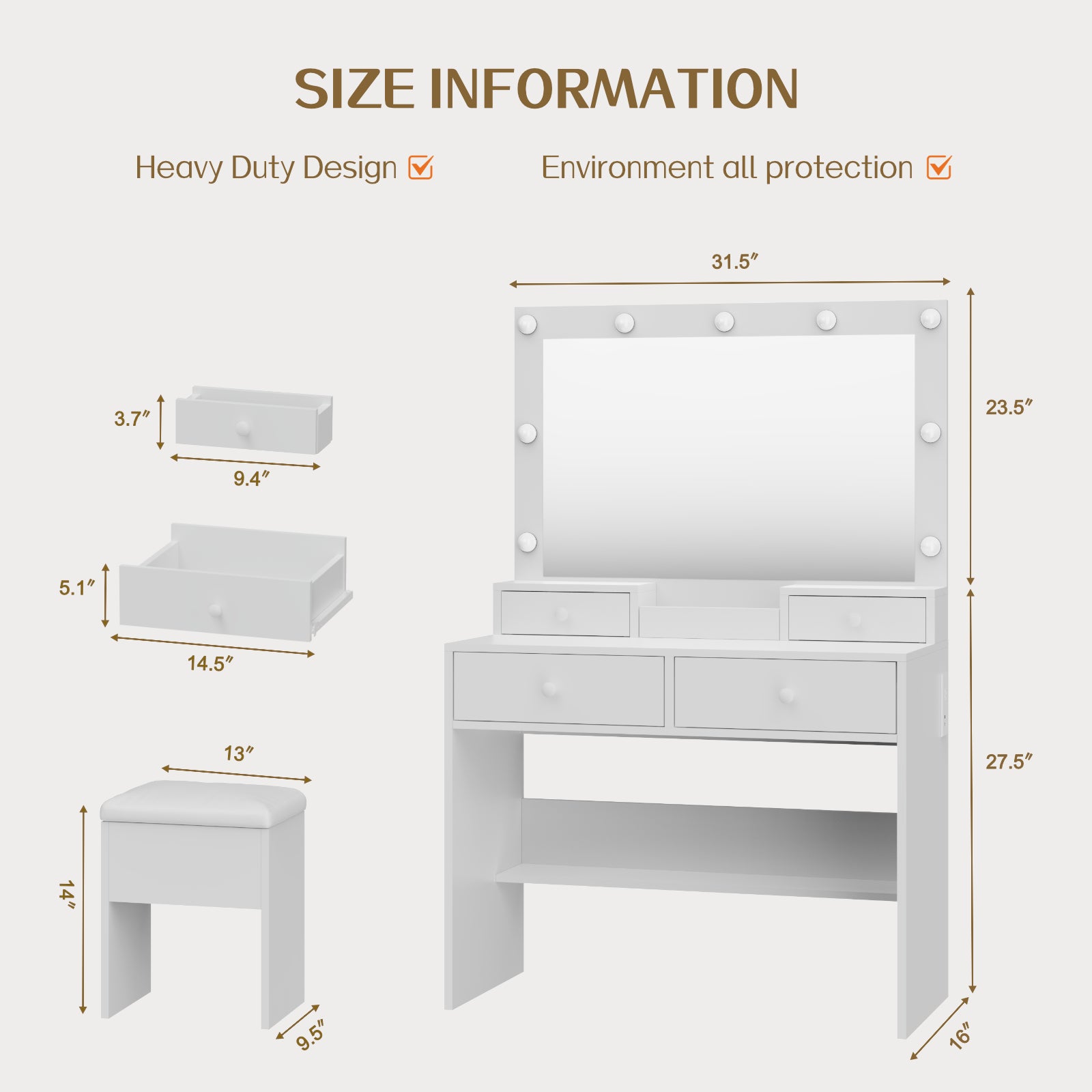 Haewon 31" Vanity Desk with Mirror, LED Lights and Charging Station, Makeup Vanity with Storage Stool, Vanity Set for Bedroom, White