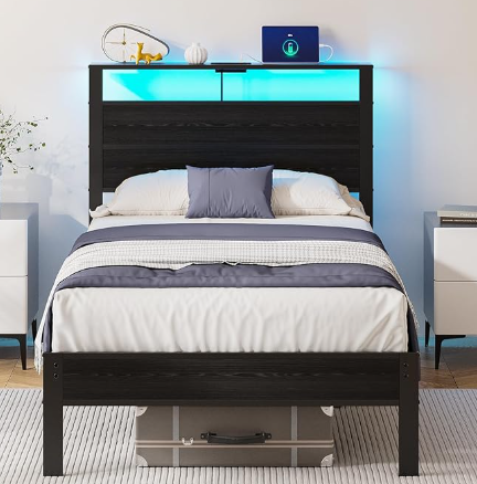 Kbun Twin Size Platform Bed Frame with Fabric Wood Headboard, Metal Bed Frame with LED Light, Heavy Duty Steel Slat Supported Full Bed Frames, No Box Spring Needed, Black