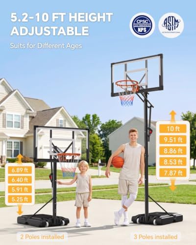 Basketball Hoop Outdoor 10 FT Height Adjustable Basketball Goals Systems Portable with 44" Backboard and Wheels for Youth Adults Kids - Backyard, Driveway, Indoor Play