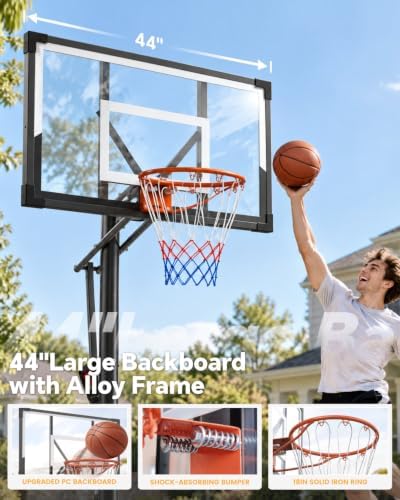 Basketball Hoop Outdoor 10 FT Height Adjustable Basketball Goals Systems Portable with 44" Backboard and Wheels for Youth Adults Kids - Backyard, Driveway, Indoor Play
