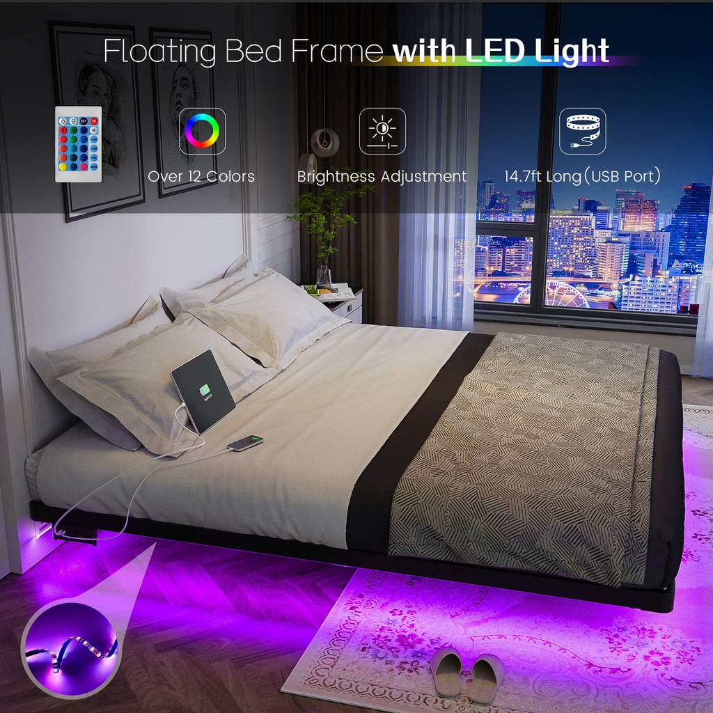 Dayago Floating Bed Frame King Size with LED Lights and Charging Station,Modern Metal Platform,No Box Spring Required