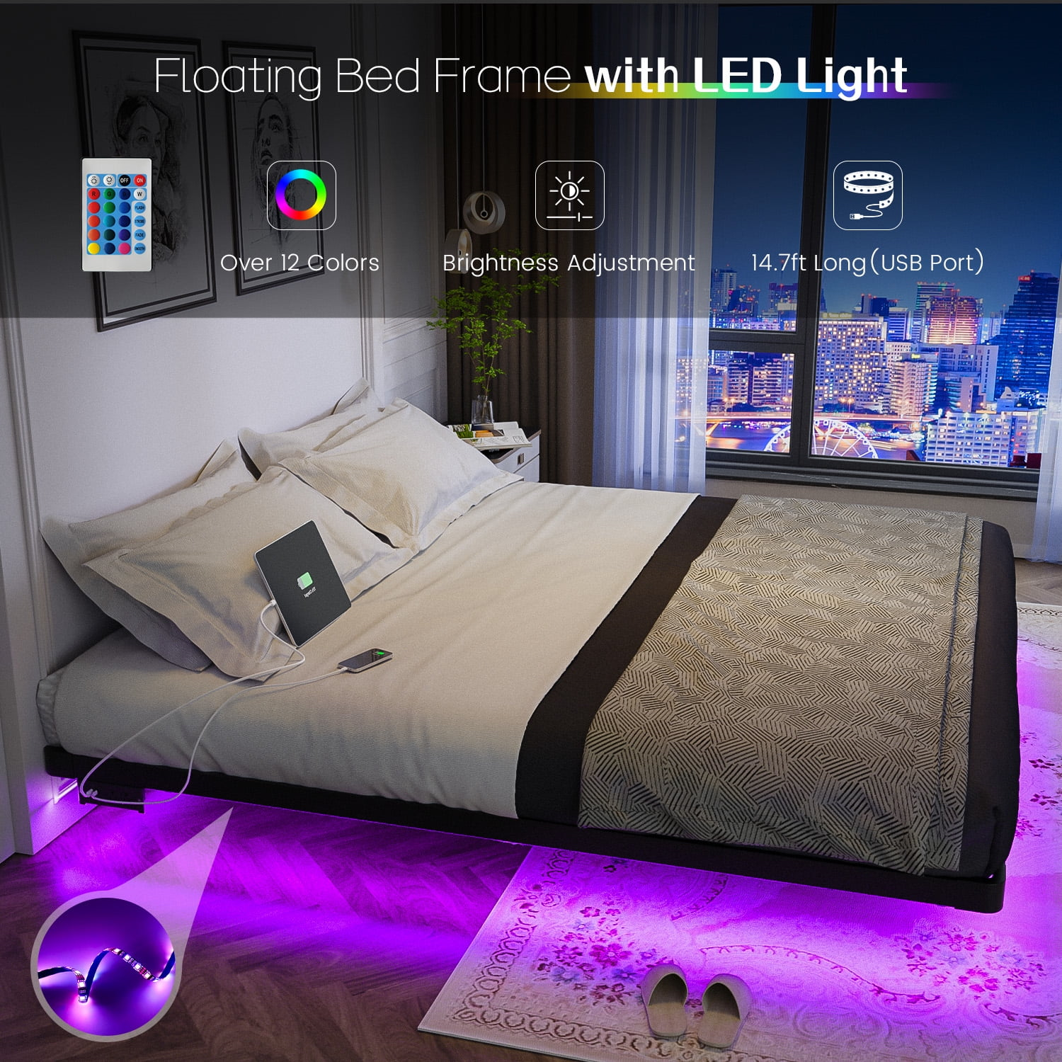 Dayago Floating Bed Frame King Size with LED Lights and Charging Station,Modern Metal Platform,No Box Spring Required