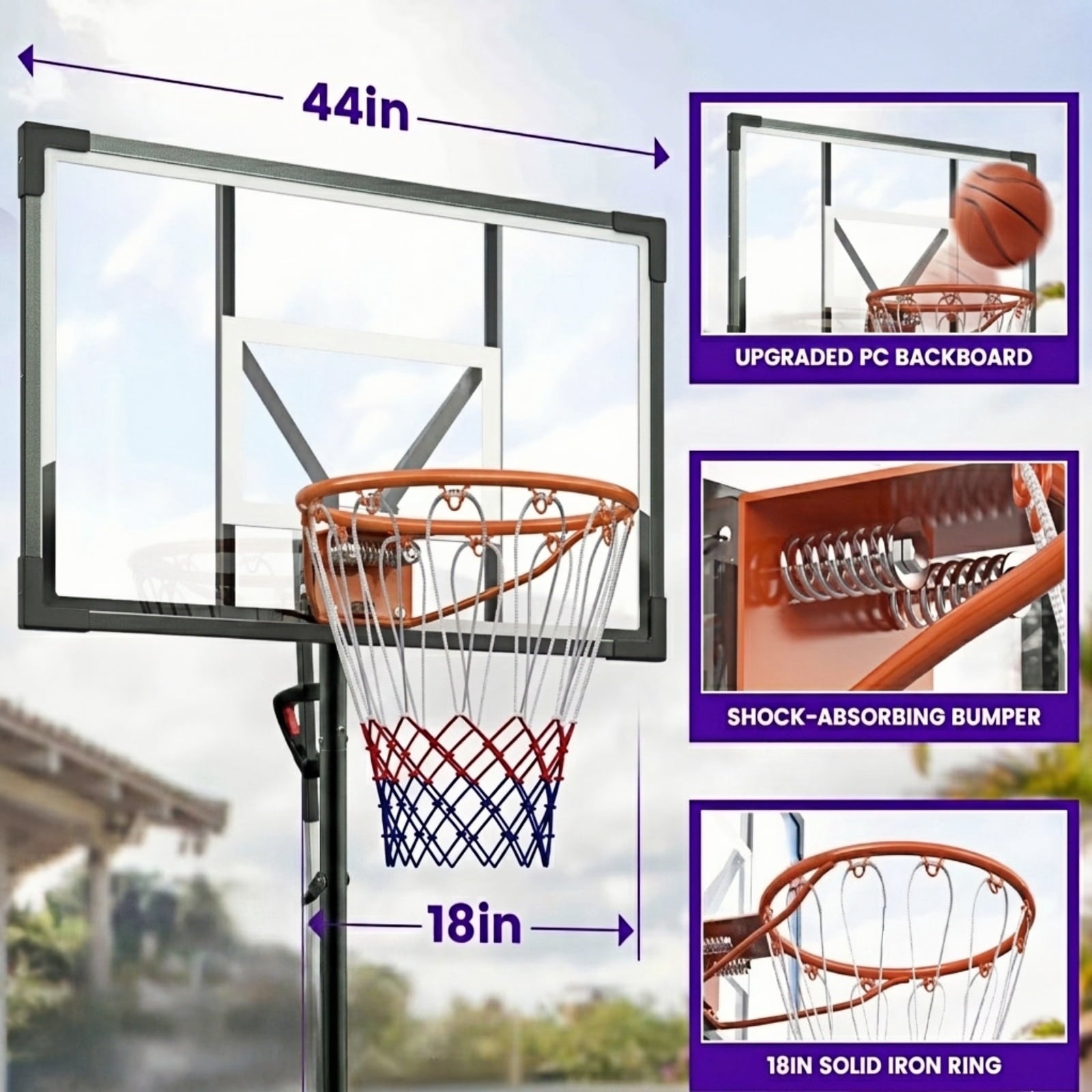Bexfil Basketball Hoop Outdoor 44 Inch PC Backboard, 5FT-10FT Adjustable Basketball Goal, Portable Basketball Hoop for Kids,Teens,Adults in Backyard, Driveway and Indoor