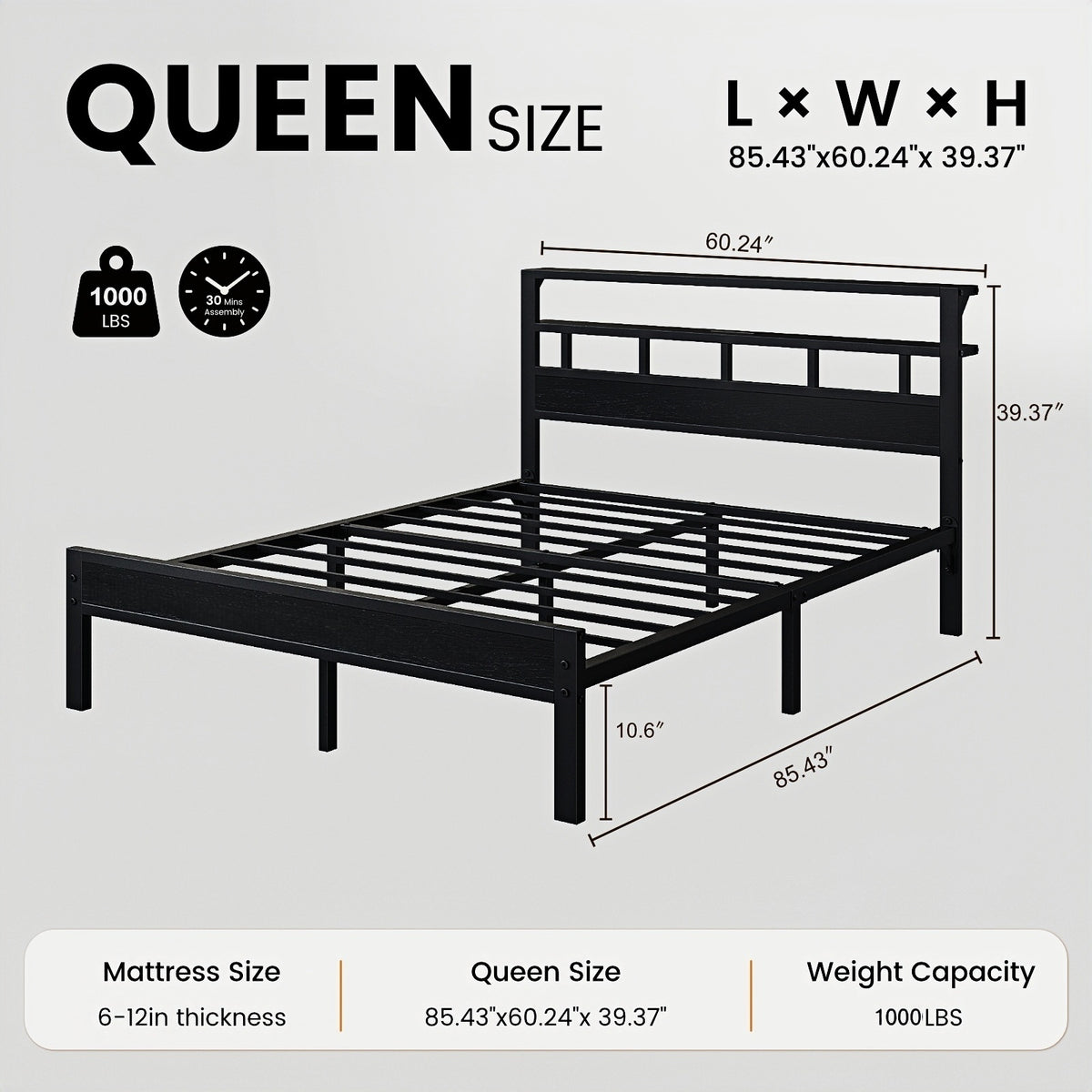 Bexfil Queen Bed Frame with Storage Headboard and LED Light, Metal Platform Bed Station with Charging Station & LED, Noise-Free, No Box Spring Needed