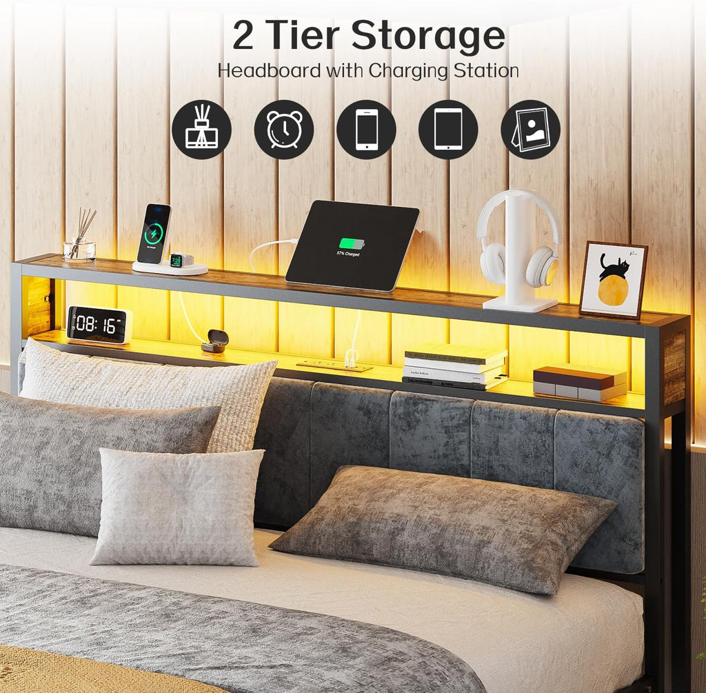 OLEVS Queen Size Bed Frame with Charging Station & LED Light, 2-Tier Storage Headboard & Footboard, Noise-Free Metal Platform Bed No Box Spring Needed, Easy Assembly