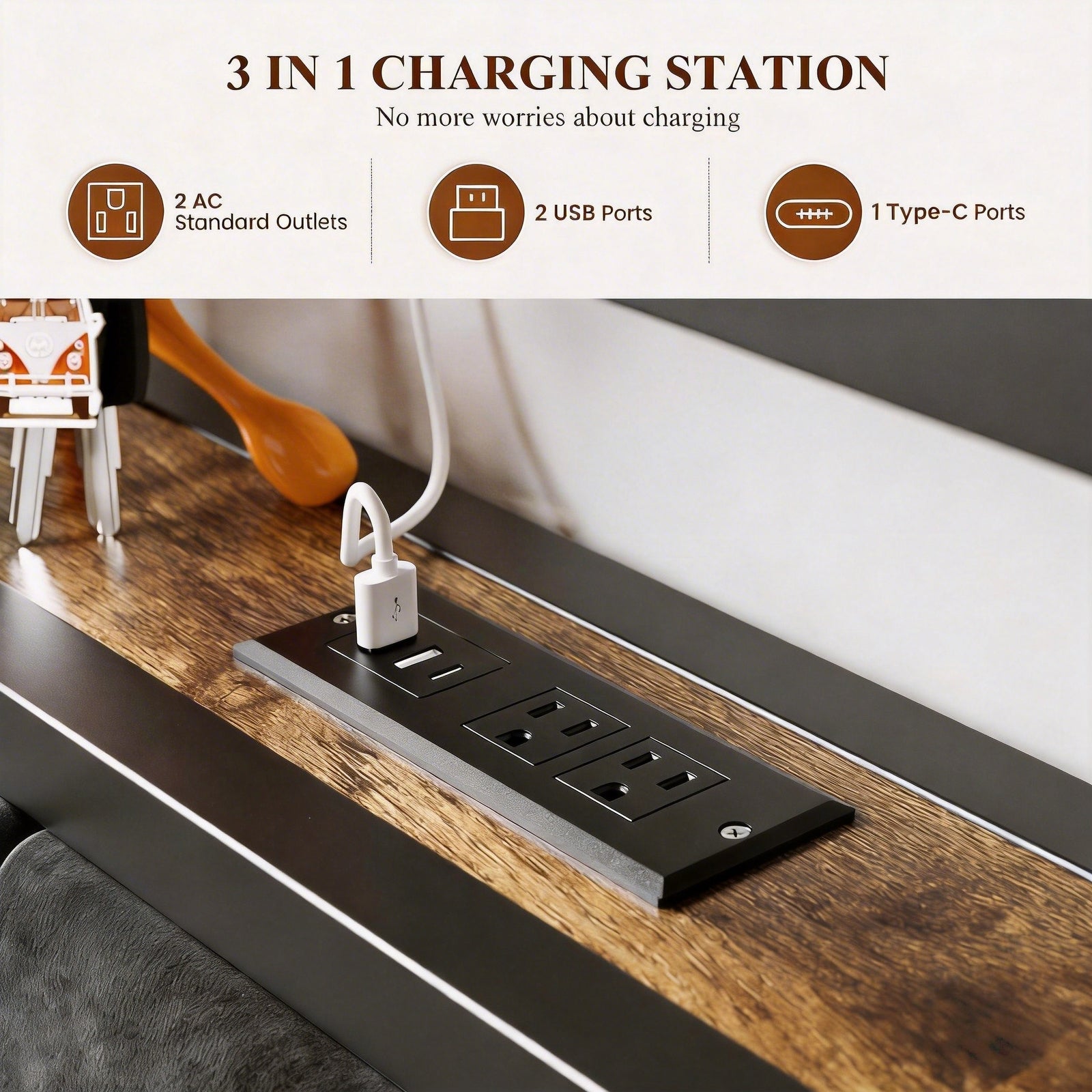 Bexfil King Size Bed Frame with LED Lights, Charging Station and Shelf Upholstered Headboard, Heavy Duty Metal Platform Bed, Noise Free, No Box Spring Needed, Brown