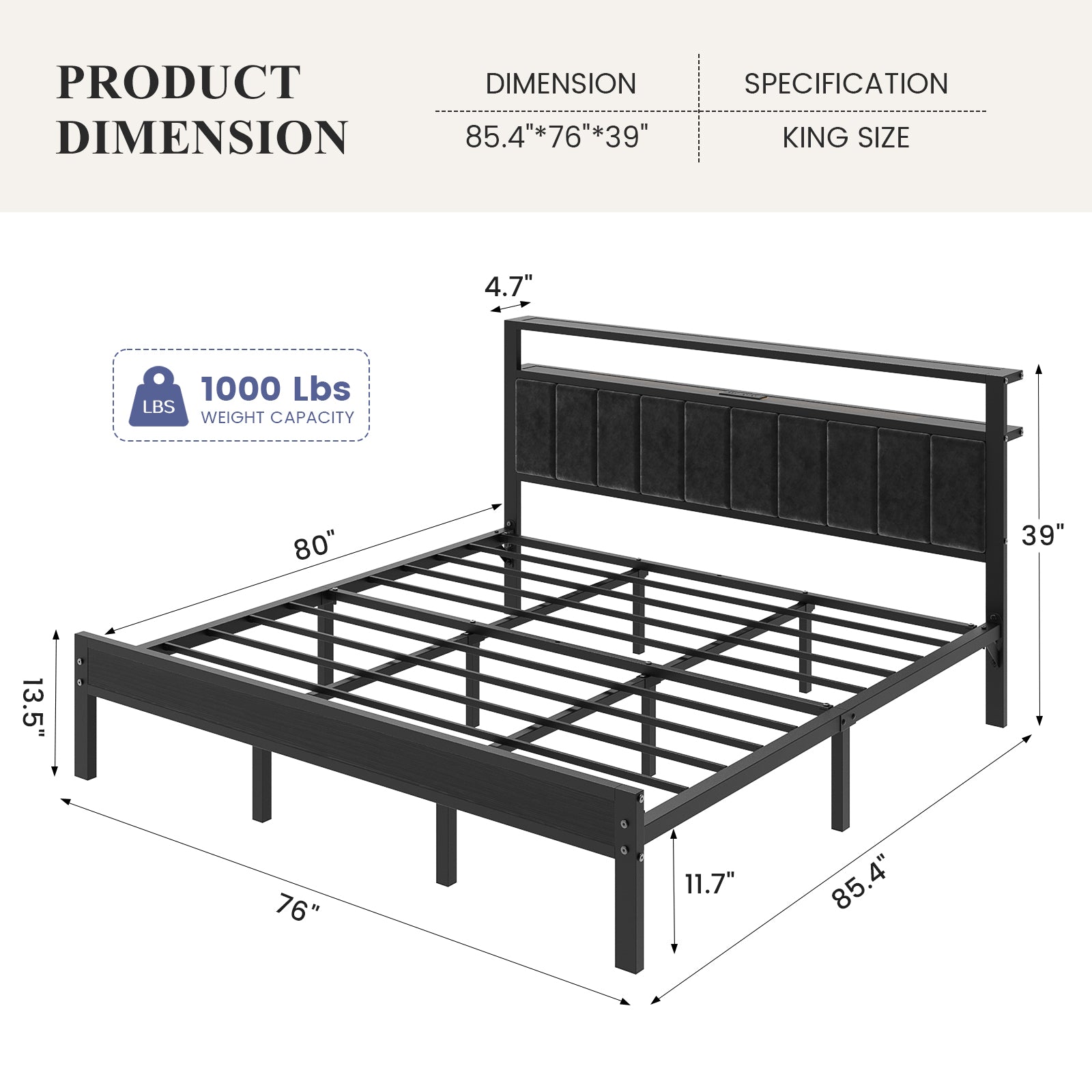 Kbun King Size Platform Bed Frame with Upholstered Headboard, Metal Bed Frame with LED Light, Heavy Duty Steel Slat Supported Full Bed Frames, No Box Spring Needed, Black