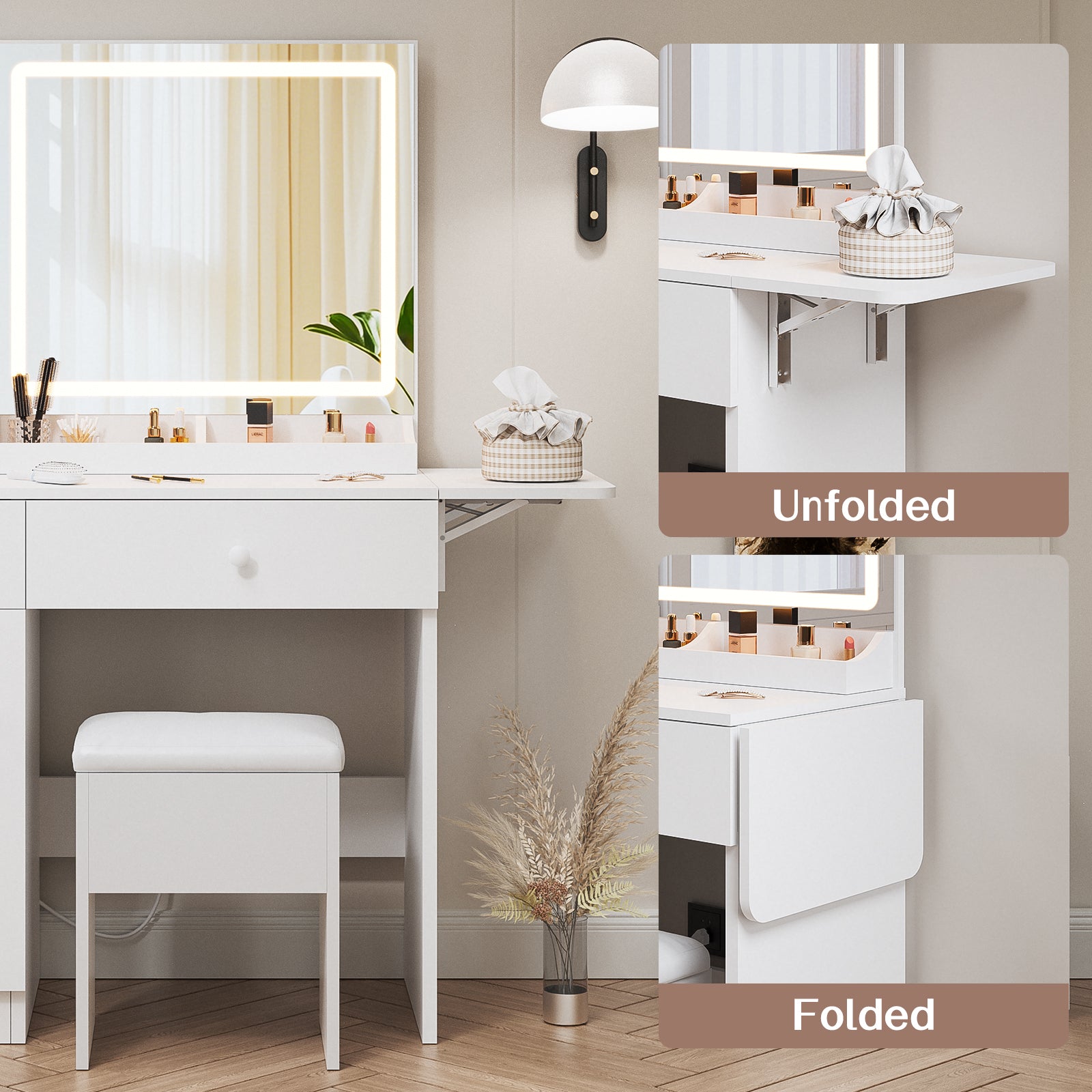 Haewon 35" Vanity Desk with Mirror, LED Light, Power Outlet, Makeup Vanity with Storage Cabinet and Foldable Panel, Vanity Set with Cushioned Stool, White
