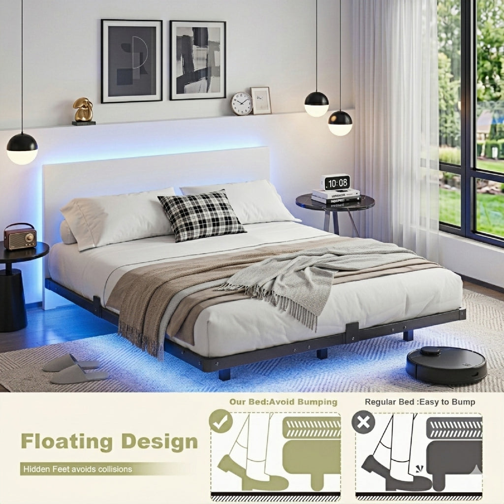 Bexfil Queen Size LED Floating Bed Frame with Remote Control and Charging Station, No Box Spring Needed, Easy to Assemble