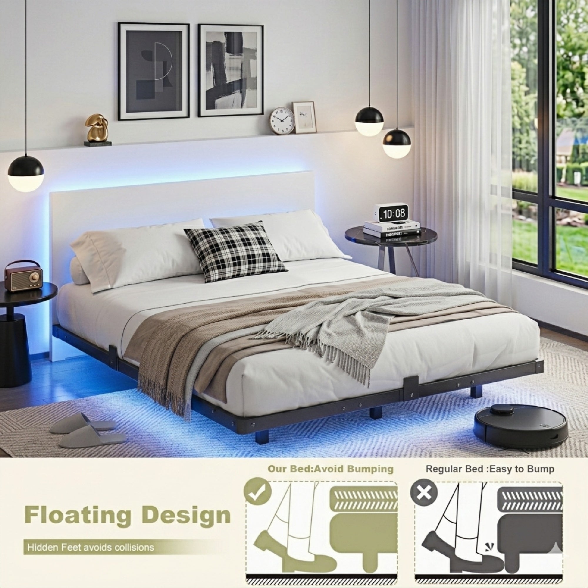 Bexfil Queen Size LED Floating Bed Frame with Remote Control and Charging Station, No Box Spring Needed, Easy to Assemble