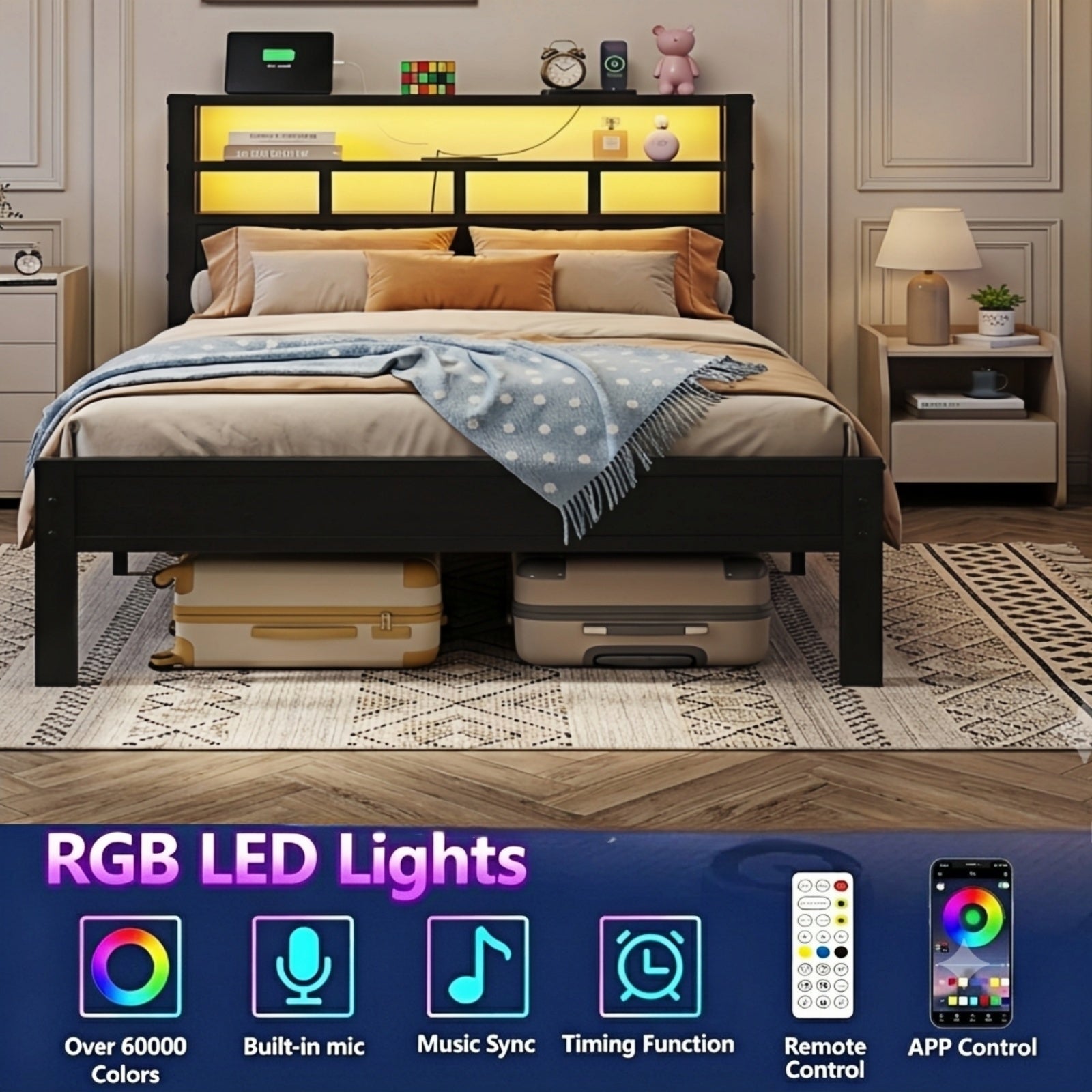 Kbun Twin Size LED Metal Bed Frame with 2-Tier Storage Headboard and Charging Station,No Box Spring Needed, Easy Assembly, Black