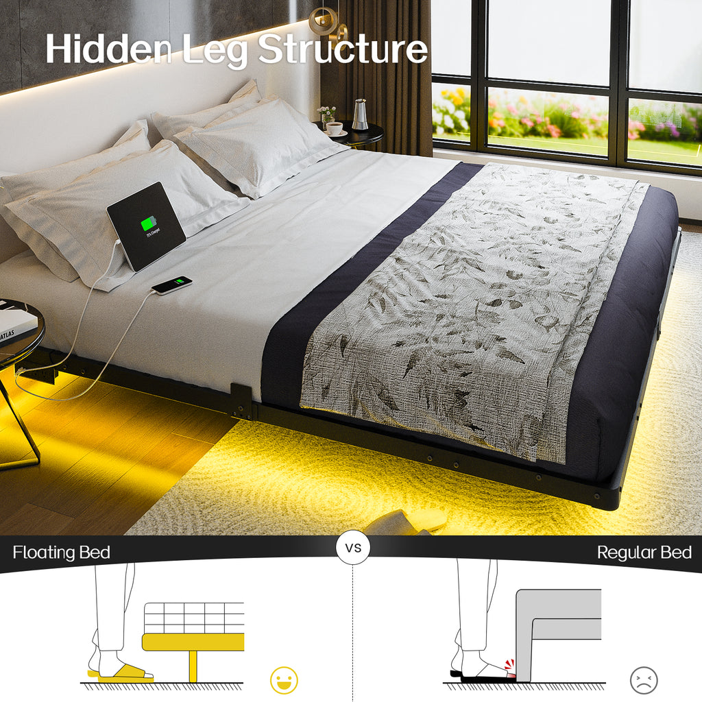 Kbun King Floating Bed Frame with Smart LED Lights and Charging Station, Heavy Duty Metal Platform Bed Frame, Noise-Free, Under-Bed Storage, No Box Spring Needed