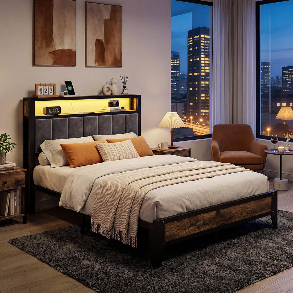 OLEVS Full Size Bed Frame with Headboard, LED Light & Charging Station| Metal Platform Bed Upholstered Headboard 2-Tier
