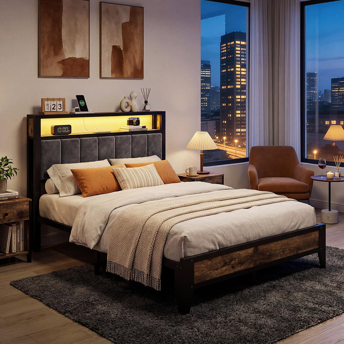 OLEVS Full Size Bed Frame with Headboard, LED Light & Charging Station| Metal Platform Bed Upholstered Headboard 2-Tier