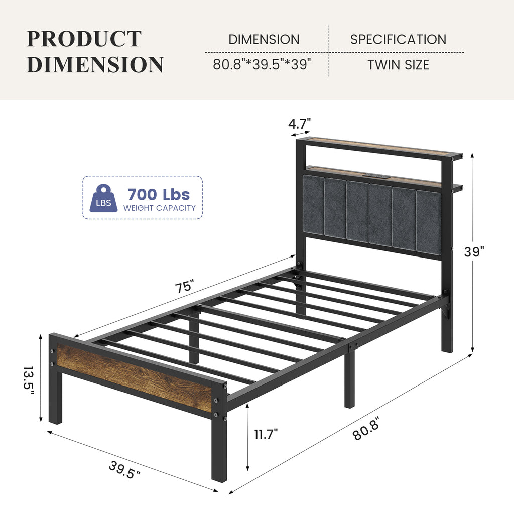 Bexfil Twin Size Bed Frame with LED Lights, Charging Station and Shelf Upholstered Headboard, Heavy Duty Metal Platform Bed, Noise Free, No Box Spring Needed Brown