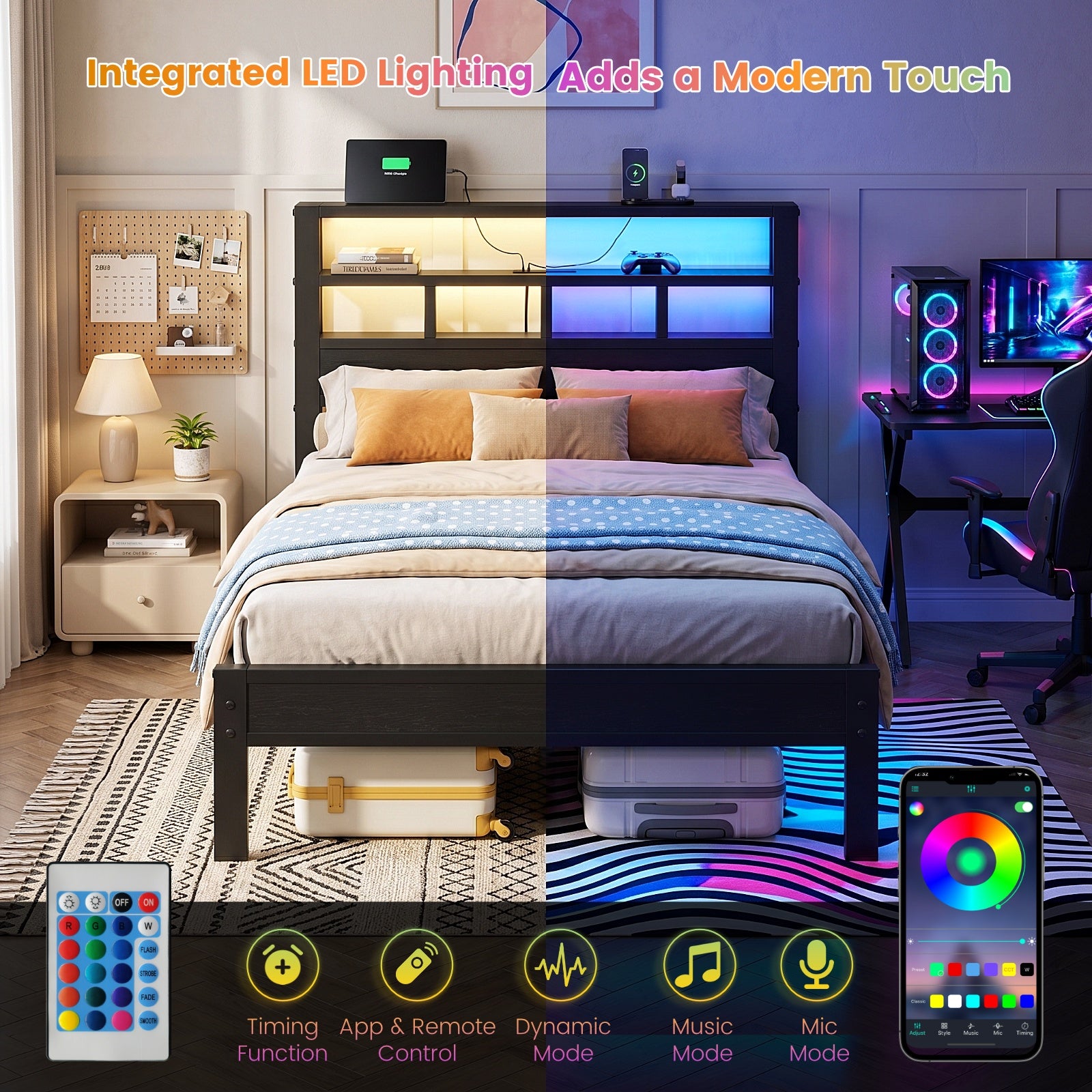 Bexfil Twin Bed Frame with Storage Headboard and LED Light, Metal Platform Bed Station with Charging Station & LED, Noise-Free, No Box Spring Needed