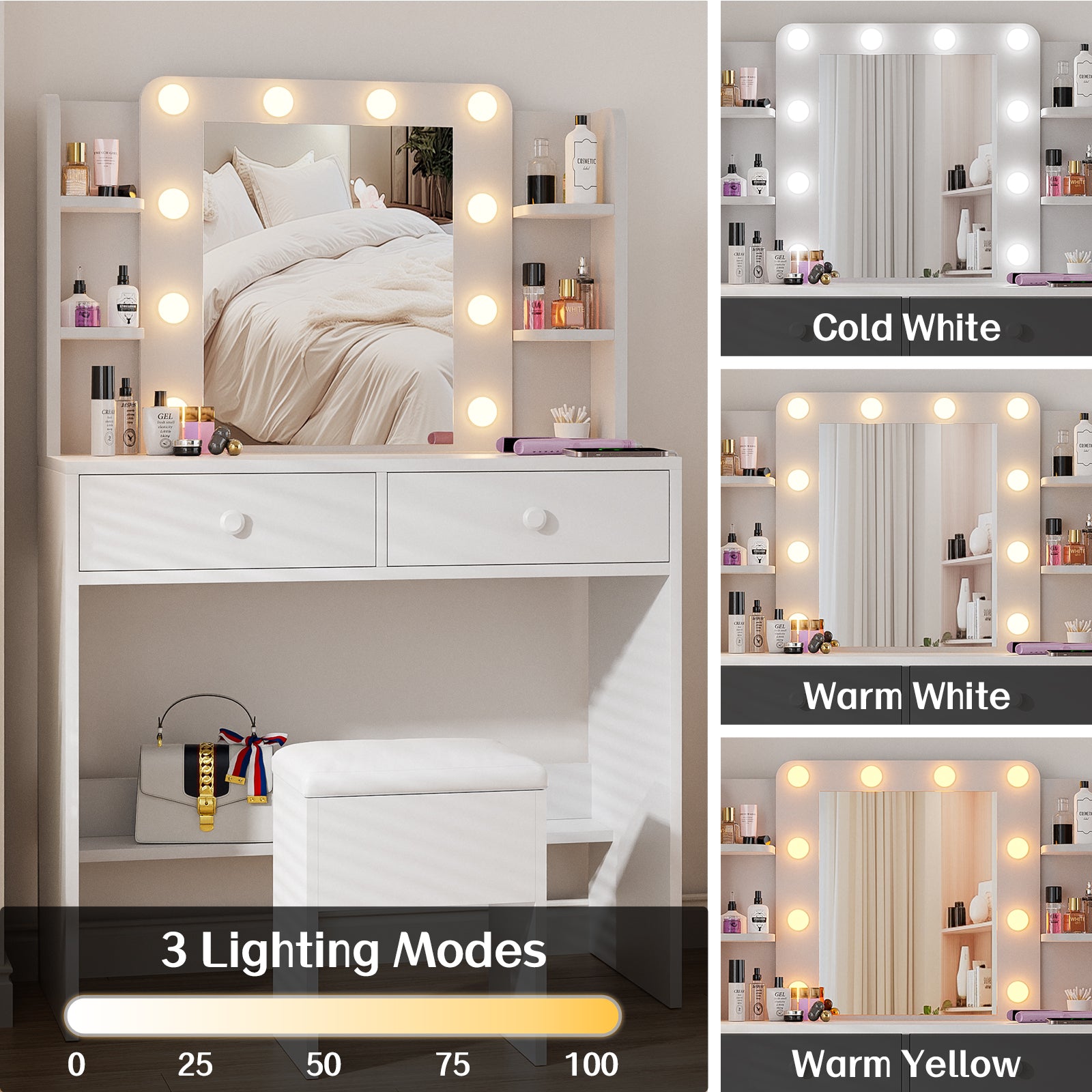 Haewon White Vanity Desk with Mirror and Lights, Makeup Vanity with 10 LED Bulbs and 3 Color Modes, Dressing Table Set with Power Outlets, Storage Drawers and Chair for Bedroom