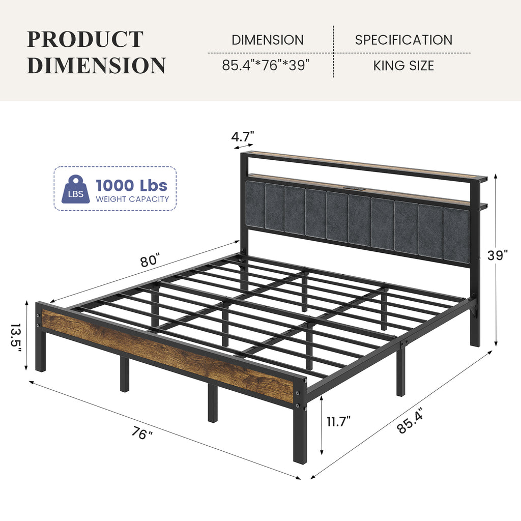 Kbun King Bed Frame with 2-Tier Storage Headboard, Bed Frame King Size with LED Lights and Charging Station, Under Bed Storage Space, No Box Spring Needed, Noise Free