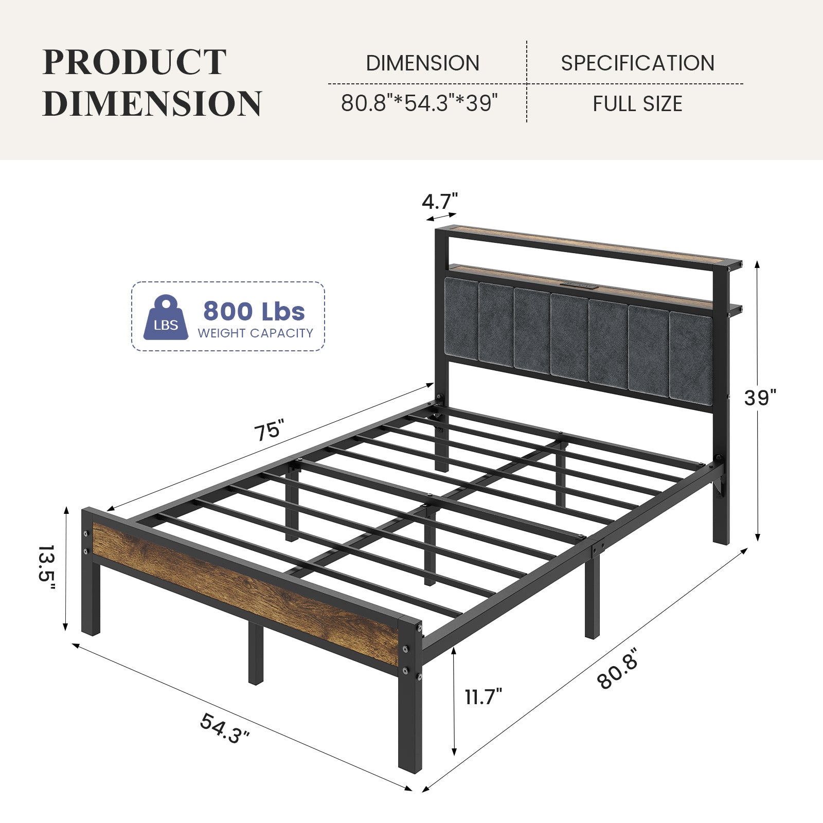 Kbun Full Bed Frame with Charging Station and LED Lights, Full Size Platform Bed with Metal Slats, Upholstered Headboard with 2-Tier Storage Shelves, No Box Spring Needed