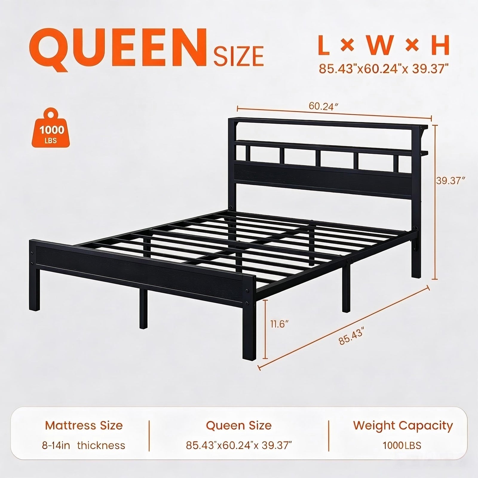 Kbun Queen Size LED Metal Bed Frame with 2-Tier Storage Headboard and Charging Station,No Box Spring Needed, Easy Assembly, Black