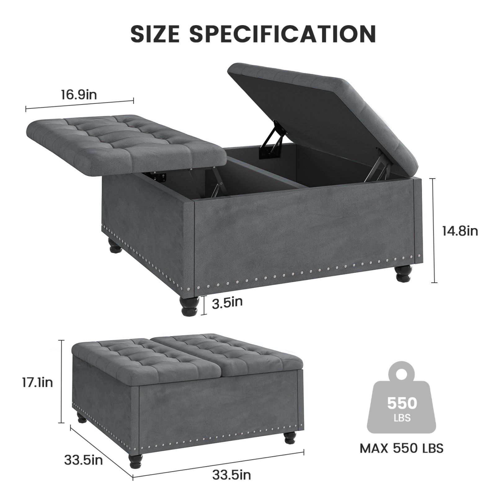 Bexfil Large Square Storage Ottoman, Coffee Table Storage Ottoman, Tufted Upholstered Oversized Square Ottoman for Living Room, Grey