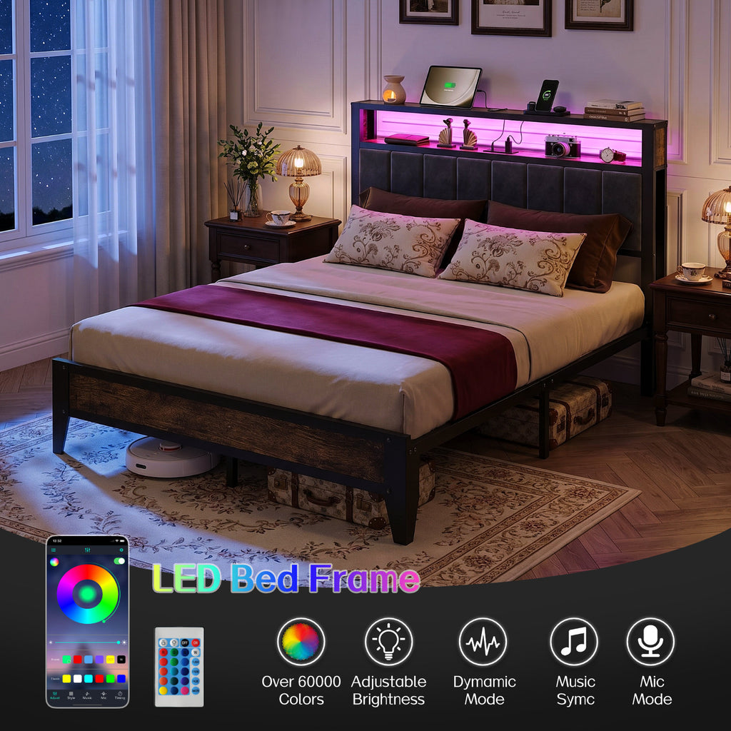 Bexfil Queen Size Platform Bed Frame with LED Light and Charging Station Storage Headboard, Great Support and Long-Term Durability, Weight Capacity of 1700 lbs
