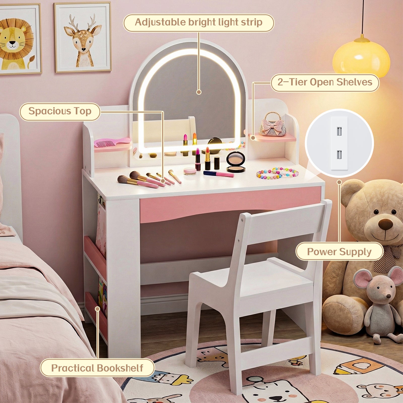 Kbun 27.5 in Wooden Kids' Vanity Set, Princess Style Dressing Table, Stool, and Furniture Set for Girls Ideal Birthday Gift ,White