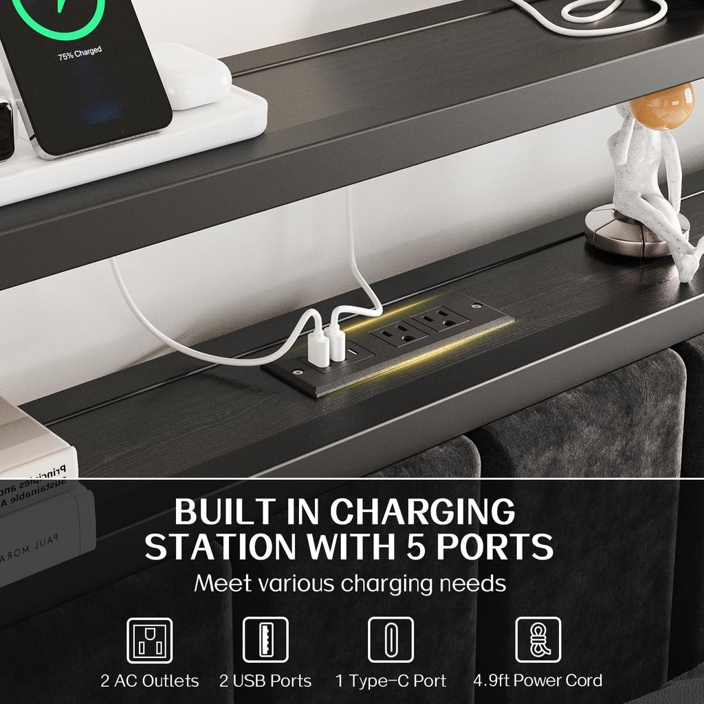 OLEVS King Bed Frame with Charging Station & LED Lights Modern Platform Bed| Upholstered 2-Tier Storage Headboard, No Box Spring Needed, Noise Free