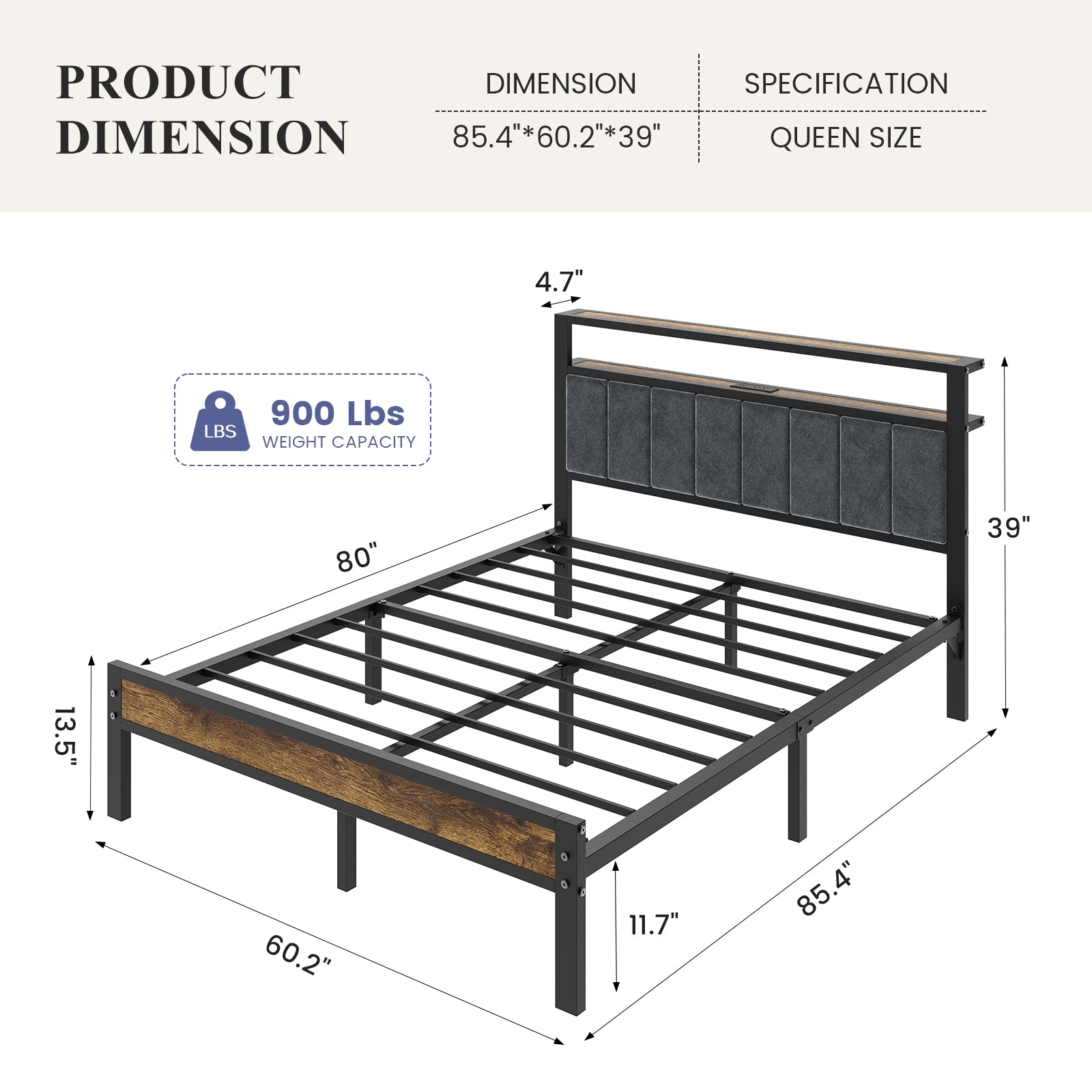 Kbun Queen Bed Frame with Storage Shelves & LED Light Headboard, Metal Platform Bed Frame with USB and Type-C Charging Station, No Box Spring Needed
