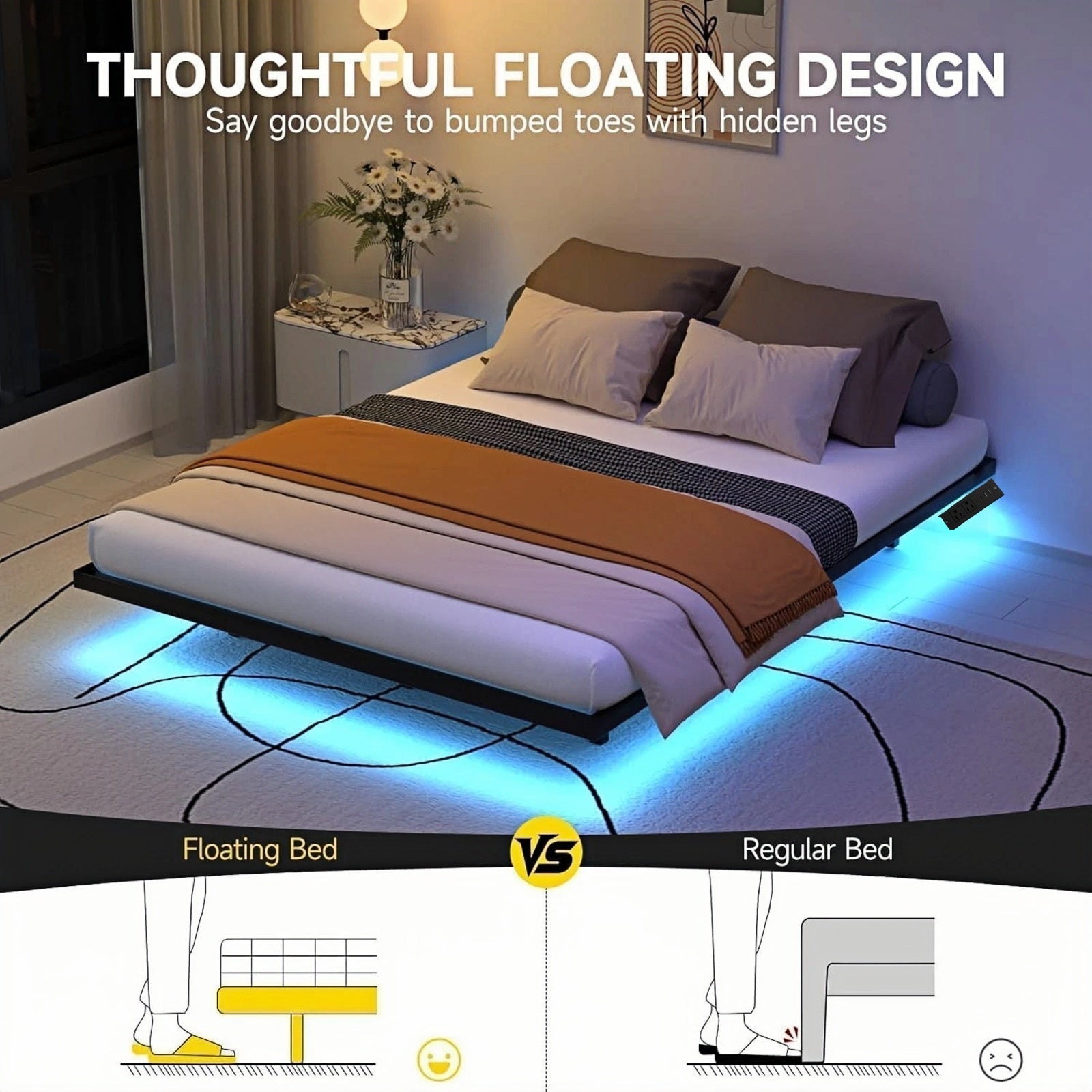 Dayago King Size Floating Platform Bed Frame with LED Lights, Charging Station, Sturdy Metal Platform Bed with Round Safety Corners and Mattress Stabilizers, 900lbs Heavy Duty Support, Easy Assembly