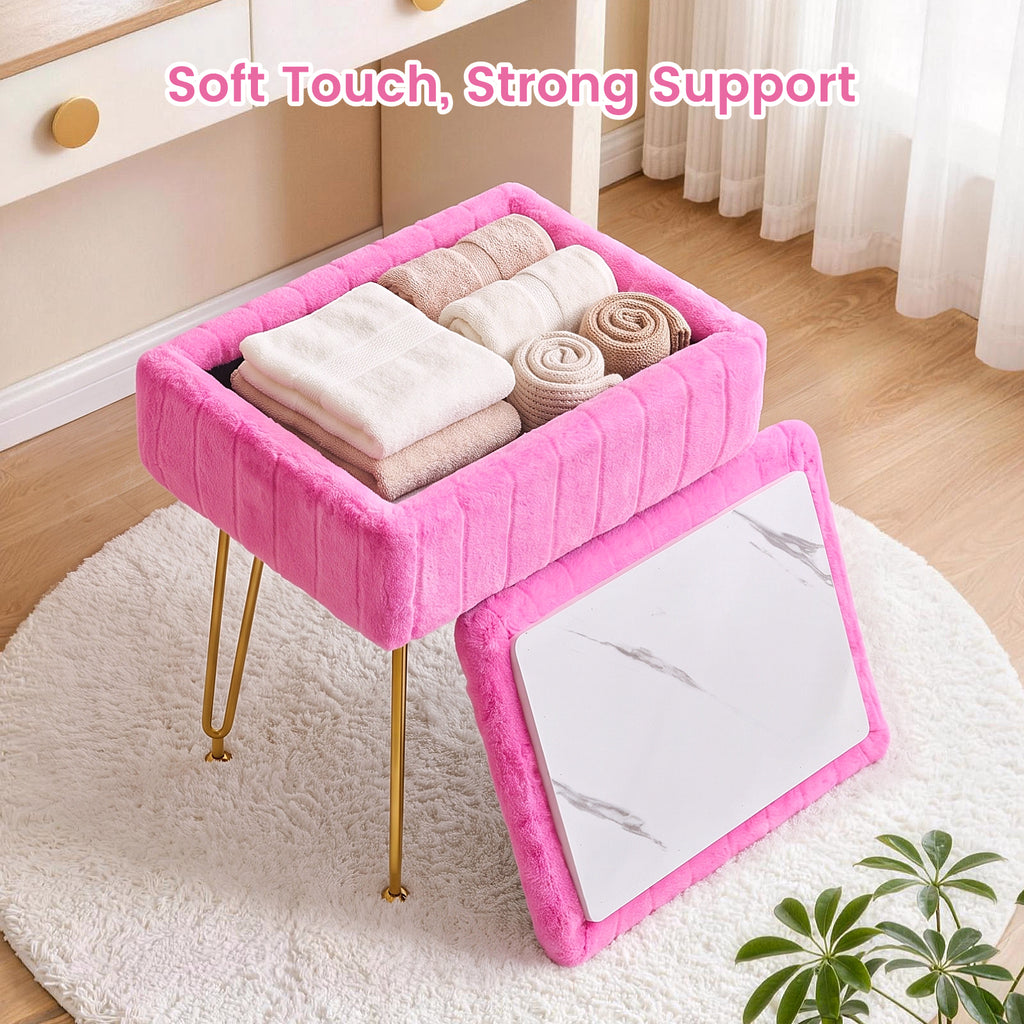 Kbun Faux Fur Vanity Stool with Storage, Makeup Ottoman Chair with Upholstered Seat, Metal Legs & Anti-Slip Feet for Bedroom, Living Room, Rose Pink
