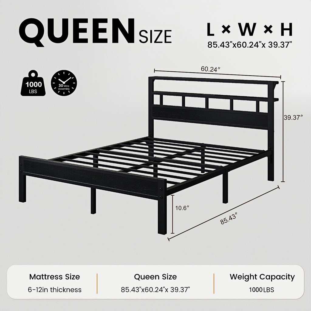 Bexfil Queen Bed Frame with Storage Headboard and LED Light, Metal Platform Bed Station with Charging Station & LED, Noise-Free, No Box Spring Needed