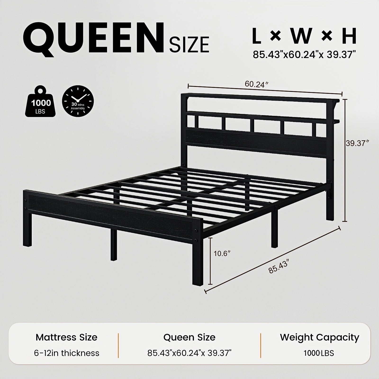 Bexfil Queen Bed Frame with Storage Headboard and LED Light, Metal Platform Bed Station with Charging Station & LED, Noise-Free, No Box Spring Needed