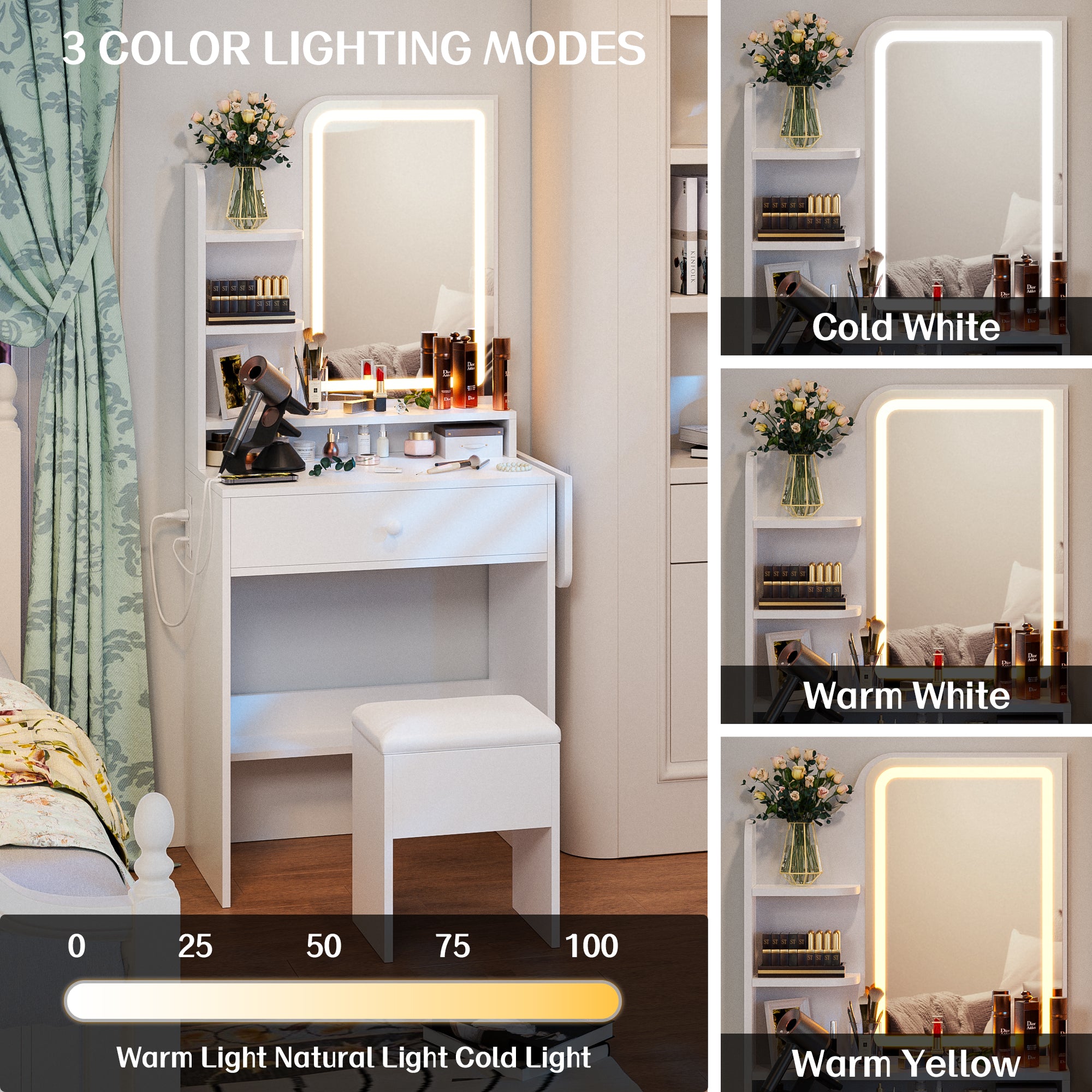 Haewon 25.4" White Small Vanity Desk with LED Light Mirror & Power Outlet , Makeup Vanity with Foldable Panel, Vanity Set with Stool for Bedroom, White