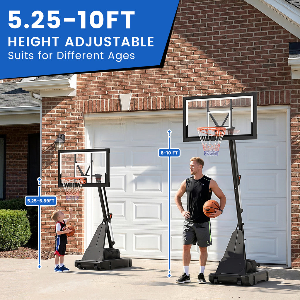 FirstAsk 44" Portable Basketball Hoop Outdoor, 5.25-10FT Height Adjustable Basketball Goal System with Shatterproof PC Backboard and Wheels for Kids, Youth, Adults, Backyard Driveway