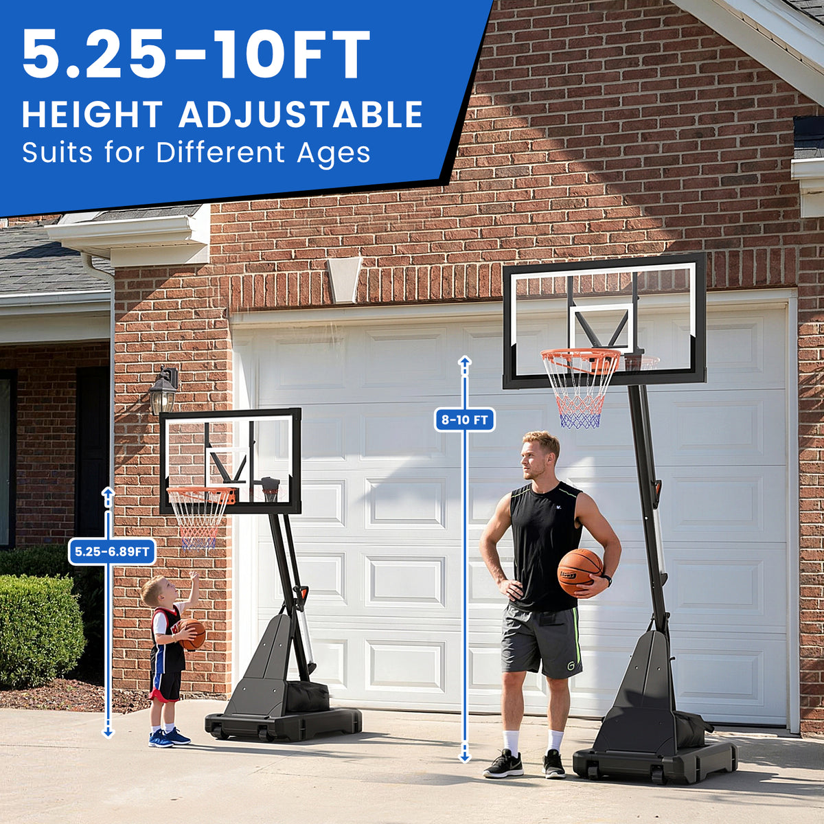 FirstAsk 44" Portable Basketball Hoop Outdoor, 5.25-10FT Height Adjustable Basketball Goal System with Shatterproof PC Backboard and Wheels for Kids, Youth, Adults, Backyard Driveway