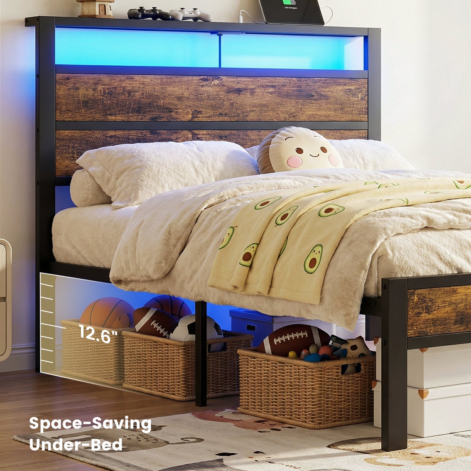 Bexfil Twin Platform Bed with Charging Station and LED Lights, Wood Headboard Frame with USB Ports and Power Outlet - Noise-Free, No Box Spring Needed, Brown