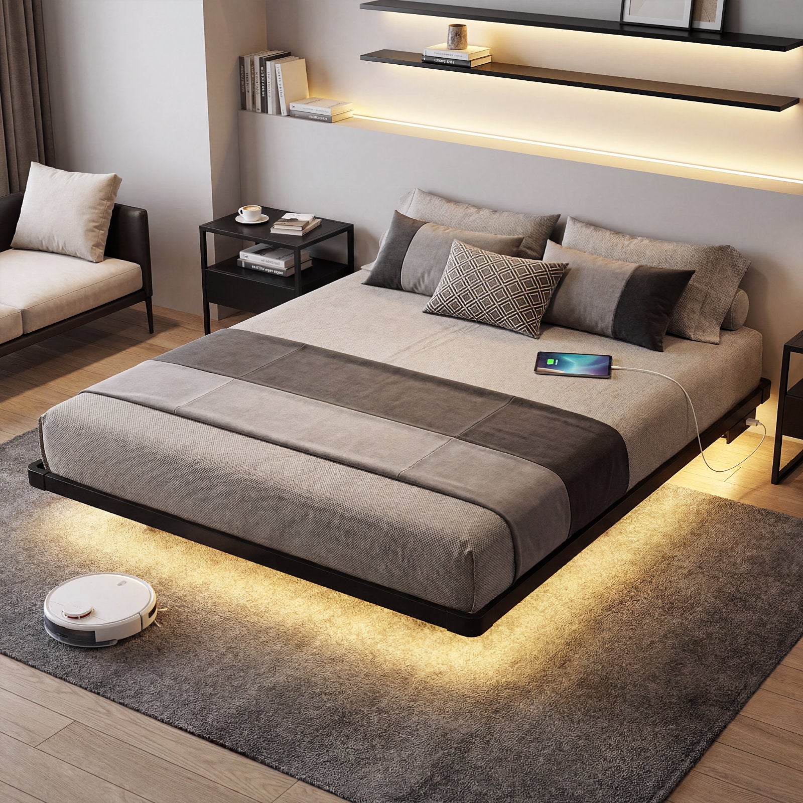 Bexfil Modern Floating King Size Bed Frame with LED Lights, Sturdy Metal Platform Bed with Round Safety Corners and Mattress Stabilizers, 1000lbs Heavy Duty Support, Easy Assembly