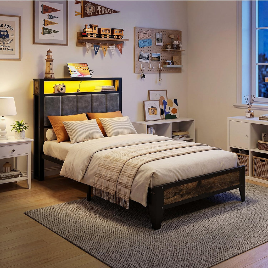 OLEVS Twin Bed Frame with LED Light Storage Headboard Metal Platform Bed| Charging Station Type C, Upholstered 2-Tier Headboard, No Box Spring Needed