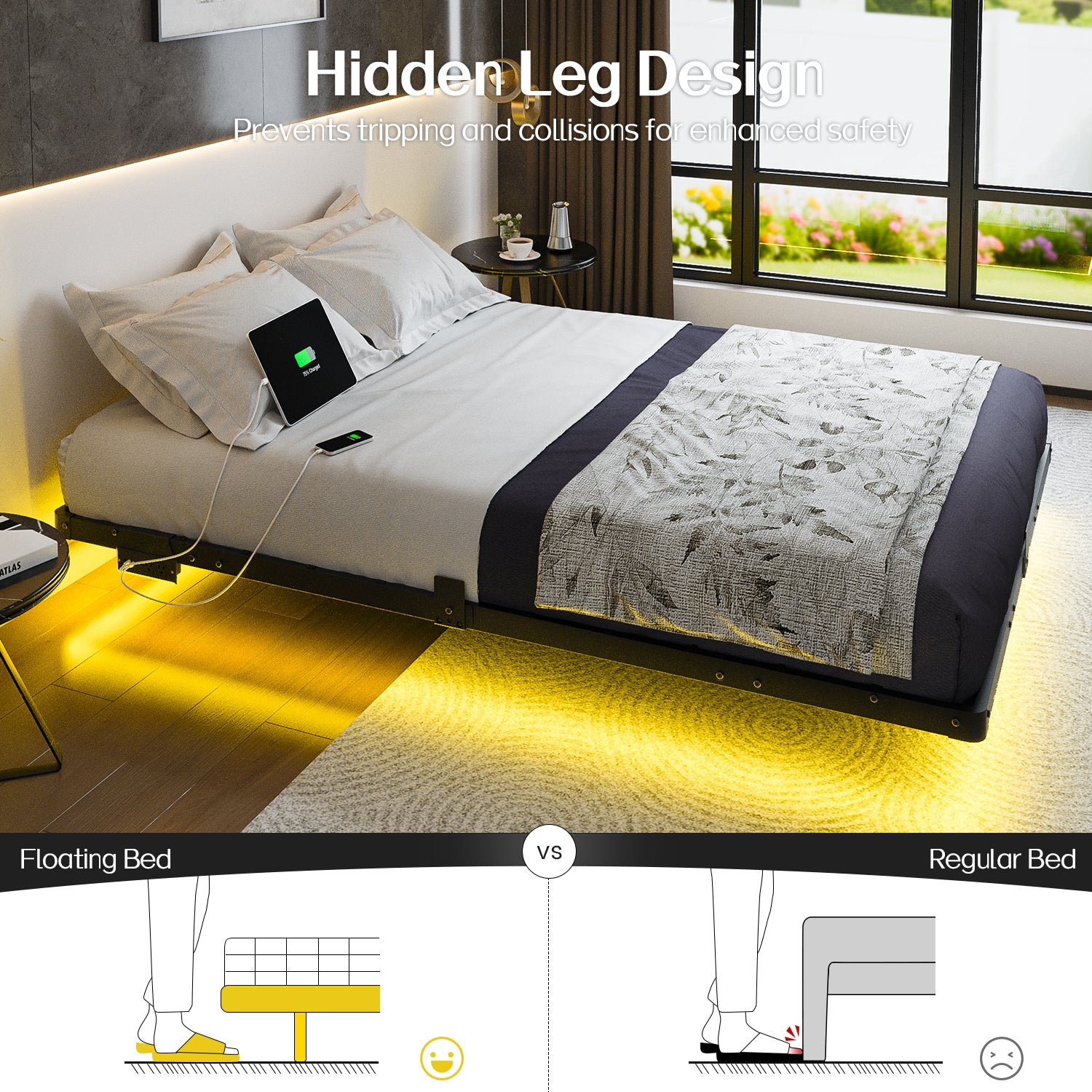 Kbun Full Floating Bed Frame with Smart LED Lights and Charging Station, Heavy Duty Metal Platform Bed Frame, Noise-Free, Under-Bed Storage, No Box Spring Needed