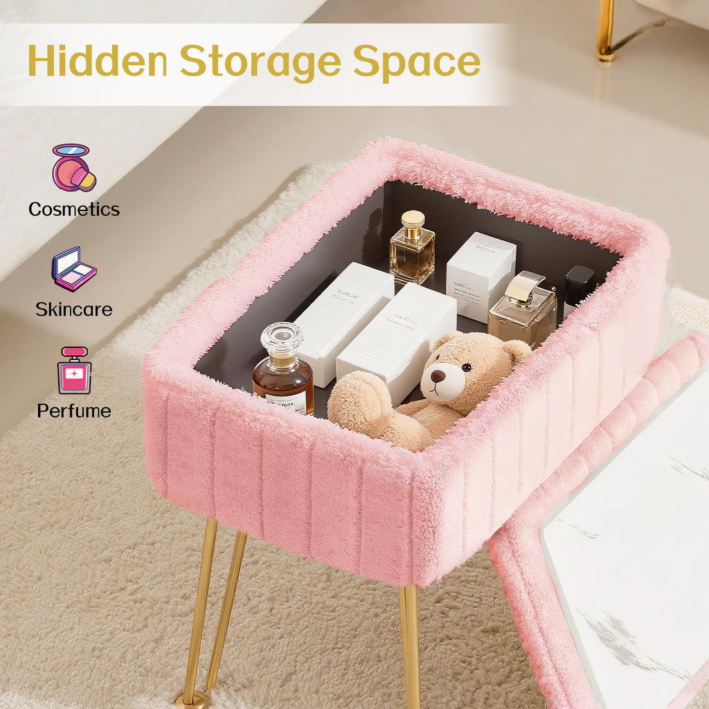 Kbun Faux Fur Vanity Stool with Storage, Makeup Ottoman Chair with Upholstered Seat, Metal Legs & Anti-Slip Feet for Bedroom, Living Room, Pink