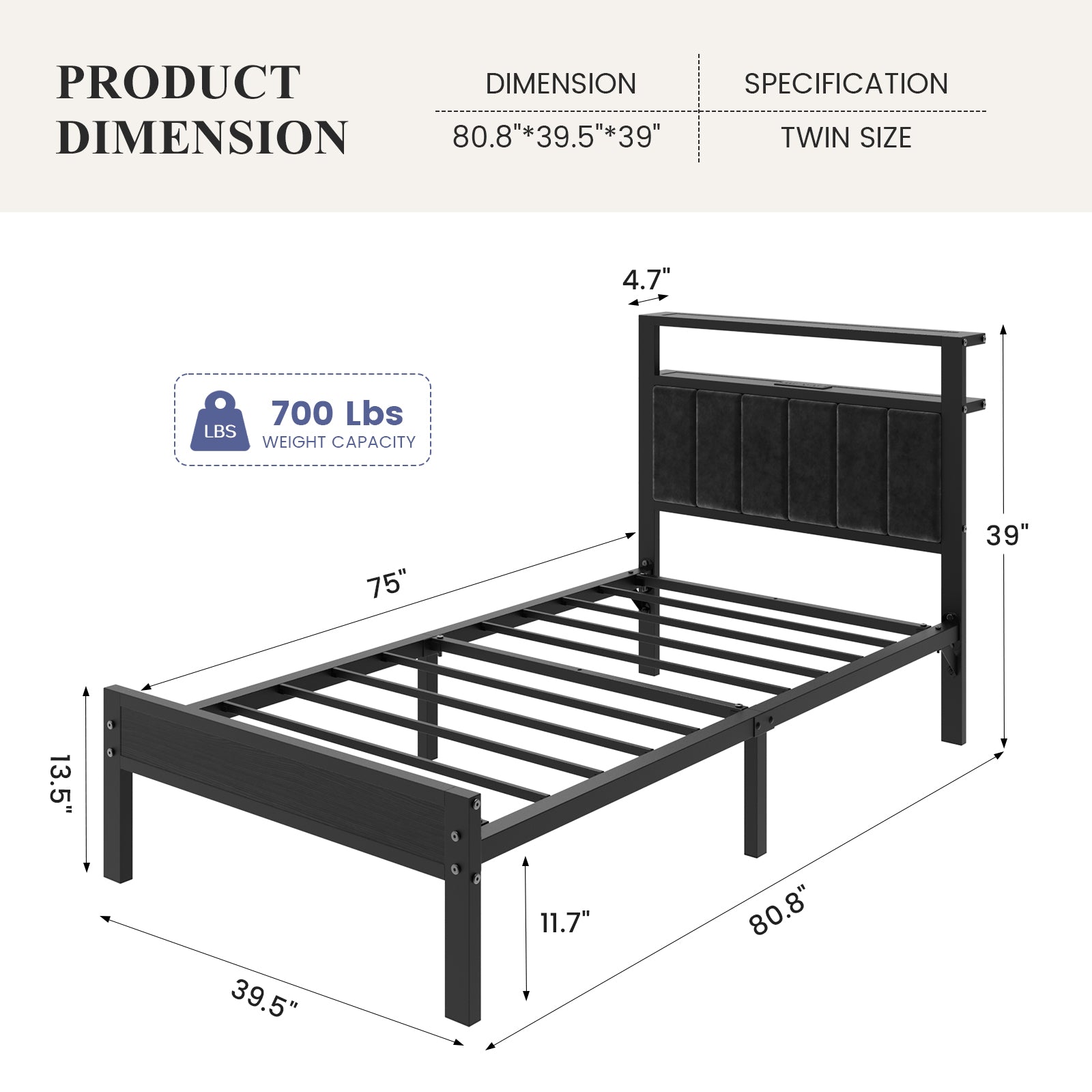 Kbun Twin Size Platform Bed Frame with Upholstered Headboard, Metal Bed Frame with LED Light, Heavy Duty Steel Slat Supported Queen Bed Frames, No Box Spring Needed, Black
