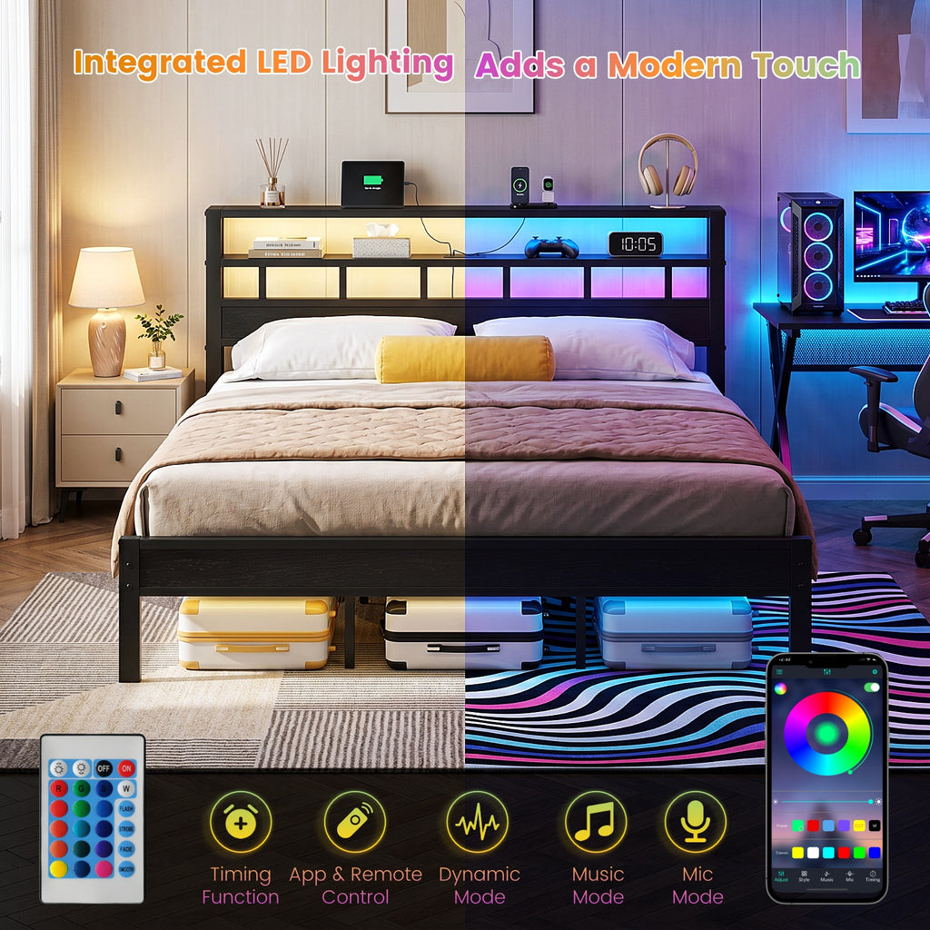 Bexfil King Bed Frame with Storage Headboard and LED Light, Metal Platform Bed Station with Charging Station & LED, Noise-Free, No Box Spring Needed