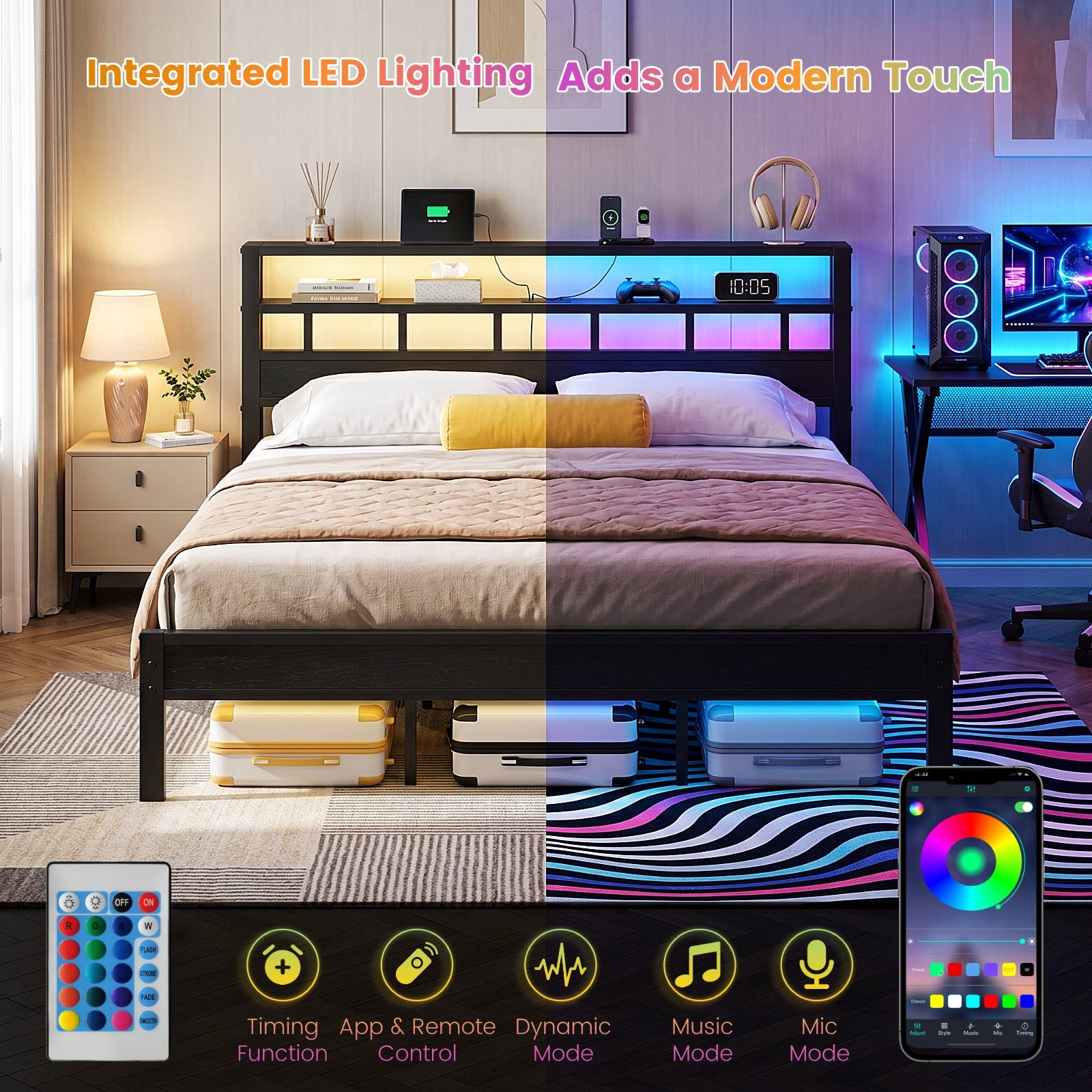 Bexfil King Bed Frame with Storage Headboard and LED Light, Metal Platform Bed Station with Charging Station & LED, Noise-Free, No Box Spring Needed